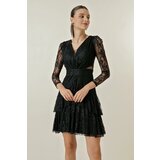 By Saygı Front Back V-Neck Lined Lace Tiered Short Dress Cene