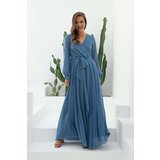 Carmen Indigo Chiffon Double Breasted Long Evening Dress | shoptok.hr