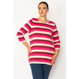 Şans Women's Plus Size Fuchsia Crewneck Striped Tunic