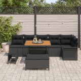 vidaXL 9-delni vrtni kavč set z blazinami črn poli ratan akacija | Shoptok.si