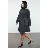 Trendyol Curve Anthracite Tweed Buckle Accessory Long Sleeve Woven Plus Size Dress | Shoptok.si