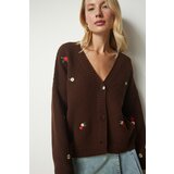 Happiness İstanbul Women's Brown Floral Embroidered One Button Knitwear Cardigan Cene
