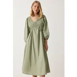 Happiness İstanbul Women's Khaki Guipure Detailed Summer Linen Dress