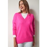  Women's Fuchsia V-Neck Oversize Knitwear Sweater | shoptok.hr
