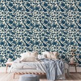  Tapeta - Birds and roses - monochrome blue pattern with botanical motif 49x1000 | shoptok.hr