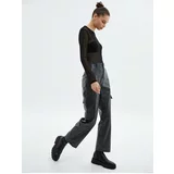 Koton Leather Look Cargo Pants Faded Effect Normal Waist Straight Wide Leg Pockets