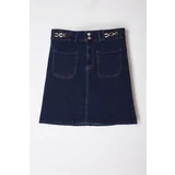 Trendyol Curve Dark Blue Aksaur Detailed Denim Plus Size Skirt