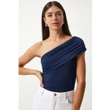  Women's Navy Blue One Shoulder Gathered Knitted Blouse