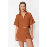 Trendyol Brown Woven Linen blended Shirt Shorts Set
