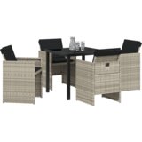 vidaXL 5-delna vrtna jedilna garnitura s blazinami Svetlo siva Poli Ratan, Vrtna miza Črna 80x80x73 cm Kaljeno steklo | Shoptok.si