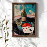 Wallxpert uramljena MDF slika NAL080-46, boca šampanjca, čaša i karte za igru na gramofonskoj ploči, 35,5 x 47 cm | Eponuda.com