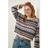 Happiness İstanbul Cream Sky Blue Patterned Seasonal Knitwear Sweater Cene