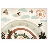  Slika - Rainbow and Sun Above - Birds in Subdued Colors Flying Among Clouds Above a Rainbow and Various Plants on a Light Backgr | shoptok.hr