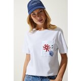 Happiness İstanbul women's white crew neck embroidered knitted t-shirt Cene