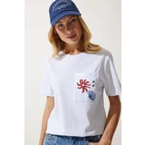  Women's White Crew Neck Embroidered Knitted T-Shirt