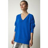 Happiness İstanbul Women's Cobalt Blue V-Neck Soft Knitted Sweater Cene