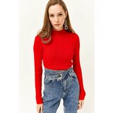 Olalook Women's Red Half Turtleneck Zigzag Textured Soft Knitwear Sweater Cene