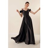 By Saygı Evening Dress with Rope Straps, Low Sleeves, Stone Detailed and Lined Long Satin Evening Dress with Front Drape. Black Cene
