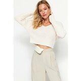 Trendyol Ecru Crop Basic V-Neck Knitwear Sweater Cene