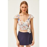 Olalook Women's Blue Floral Side Zipper Sleeve Detailed Mos Crepe Blouse | Eponuda.ba