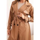 Kesi Włoski Women's trench coat made of eco-leather with a classic collar and a tied belt camel | ePonuda.com