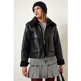 Happiness İstanbul Black Fur Collar Wide Pocket Faux Leather Jacket cene