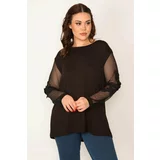Şans Women's Plus Size Black Sleeve Tulle And Lace Detail V-Neck Blouse