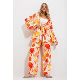 Trend Alaçatı Stili Women's Orange Kimono Jacket And Palazzo Pants Suit cene