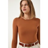  Women's Camel Crew Neck Basic Viscose Knitted Blouse | Shoptok.si
