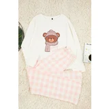 Trendyol Ecru 100% Cotton Teddy Bear Printed Plaid Knitted Pajama Set