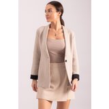 armonika Women's Beige Herringbone Pattern Fold Sleeve Single Button Cachet Jacket cene
