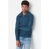 Trendyol Indigo Men's Slim Fit Half Turtleneck Zippered Knitted Detailed Knitwear Sweater Cene
