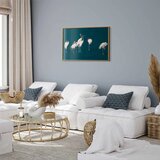  Plakat - Evening at the Pond - group of cranes drawn in dry pastel on a dark turquoise background 60x40 Zlatni okvir | shoptok.hr