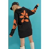 Trend Alaçatı Stili Women's Black Orange Hooded Strawberry Embroidery Printed Sweatshirt Dress