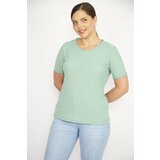 Şans Women's Green Plus Size Self Striped Short Sleeve Blouse Cene