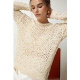 Happiness İstanbul Women's Cream Stylish Pearl Detailed Openwork Knitwear Sweater Cene