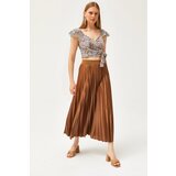 Olalook Milk Brown Leather Look A-Line Pleat Skirt Cene