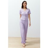 Trendyol Lilac Frill Detailed Corded Knitted Pajamas Set Cene