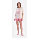 Dagi Ecru Short Sleeve Piece Printed Single Jersey T-Shirt Shorts Pajamas Set Cene