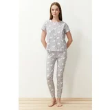 Trendyol Gray Cotton Animal Pattern Knitted Pajamas Set