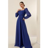 By Saygı Square Neck Belted Waist Lined Chiffon Long Evening Dress | Shoptok.si