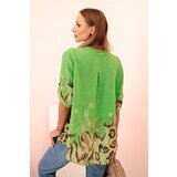 Kesi Włoski Women's cotton shirt with rolled-up sleeves and animal pattern green | shoptok.hr