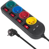 Maclean power strip, 4-socket extension cable + 2xUSB, with switches, 250VAC /10A, 2.1A 5V, 1.5m, black, MCE229 B | shoptok.hr