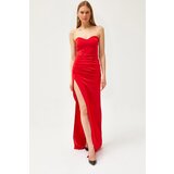 Olalook Women's Red Deep Slit Strapless Long Dress Cene