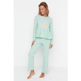 Trendyol Mint Ruffle Detailed Knitted Pajamas Set Cene