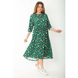 Şans Women's Plus Size Green Christmas Patterned Waist Gathered Capri Sleeve Dress Cene