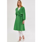 armonika Women's Green Ennea Trench Coat Sleeves Pleated Belted Cuff Laced Detail cene