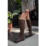 Madamra Brown Women's Stone Detailed Long Leather Women's Boots