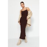 Trendyol Brown Fitted/Sticky Knitted Maxi Dress with Straps Cene