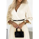 numoco basic 462-4 SERENA Pleated maxi dress with neckline, belt and 3/4 sleeves - ecru | Shoptok.si